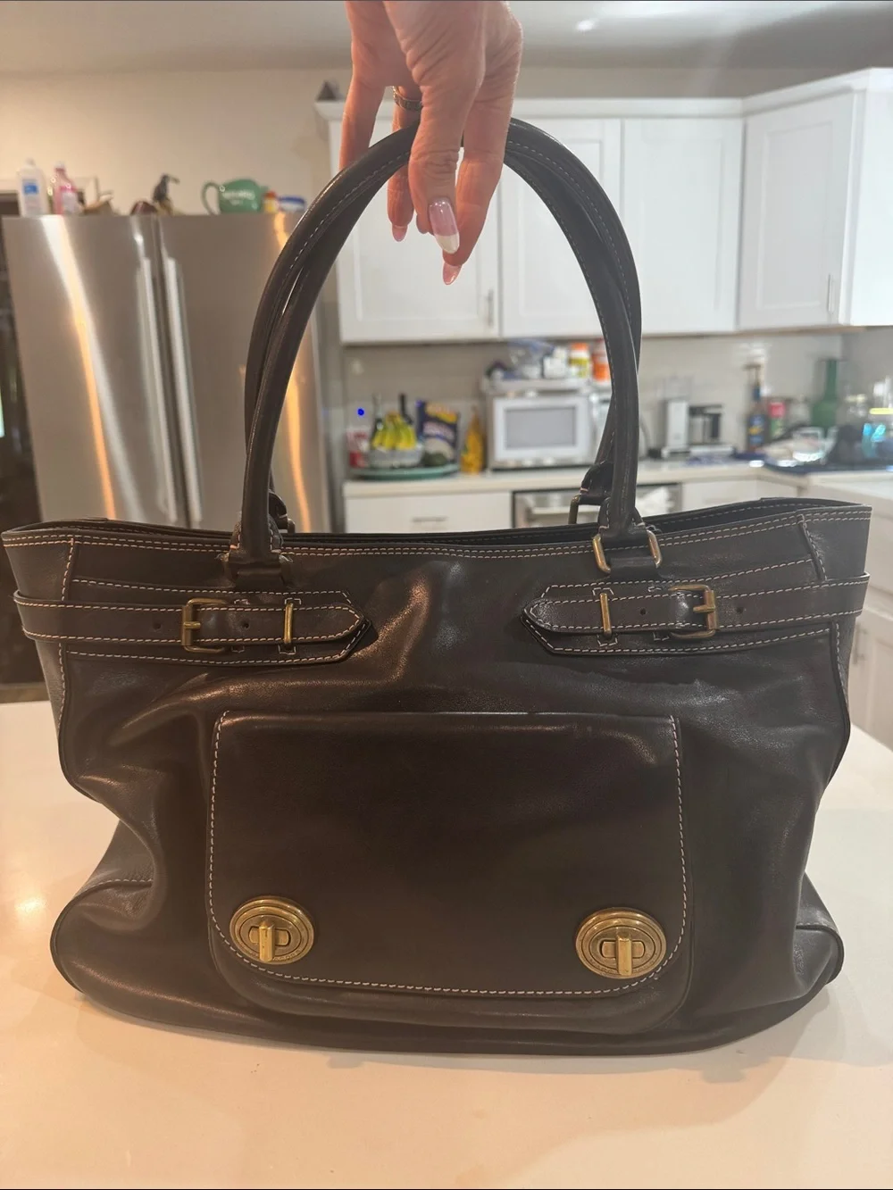 Marc Jacobs Black Leather Top-Handle Tote with Gold Hardware